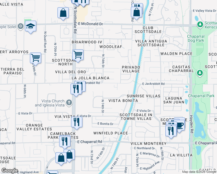 map of restaurants, bars, coffee shops, grocery stores, and more near 7411 East Jackrabbit Road in Scottsdale