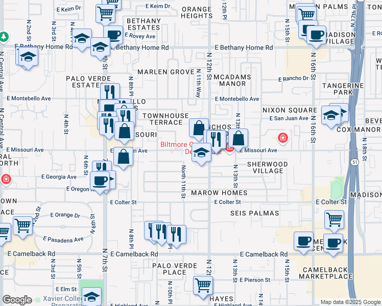 map of restaurants, bars, coffee shops, grocery stores, and more near 1121 North 11th Place in Phoenix