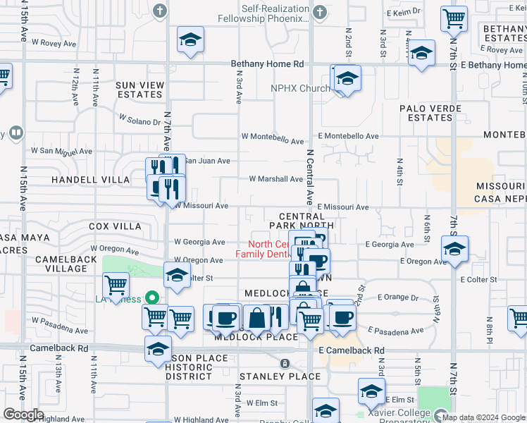 map of restaurants, bars, coffee shops, grocery stores, and more near 5341 North 2nd Drive in Phoenix