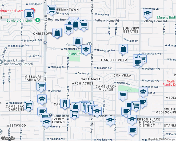 map of restaurants, bars, coffee shops, grocery stores, and more near 1507 West Denton Lane in Phoenix