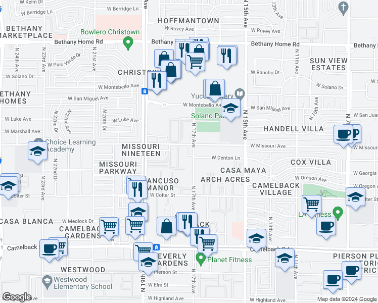 map of restaurants, bars, coffee shops, grocery stores, and more near 1737 West Missouri Avenue in Phoenix