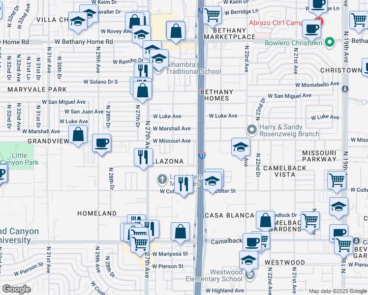 map of restaurants, bars, coffee shops, grocery stores, and more near 2557 West Missouri Avenue in Phoenix