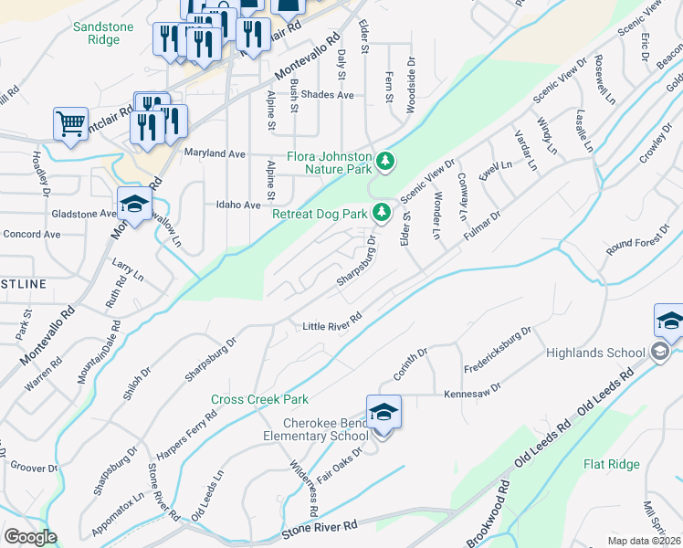 map of restaurants, bars, coffee shops, grocery stores, and more near 1719 Winnsboro Road in Birmingham