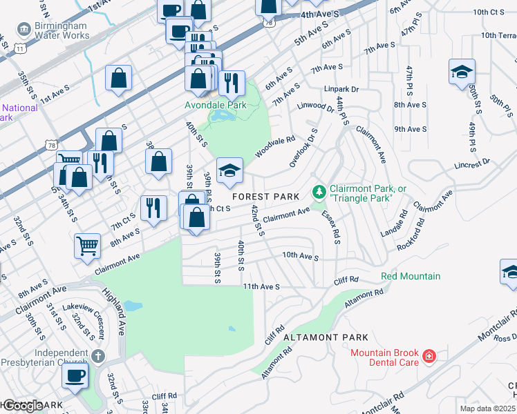 map of restaurants, bars, coffee shops, grocery stores, and more near 4216 Clairmont Avenue in Birmingham