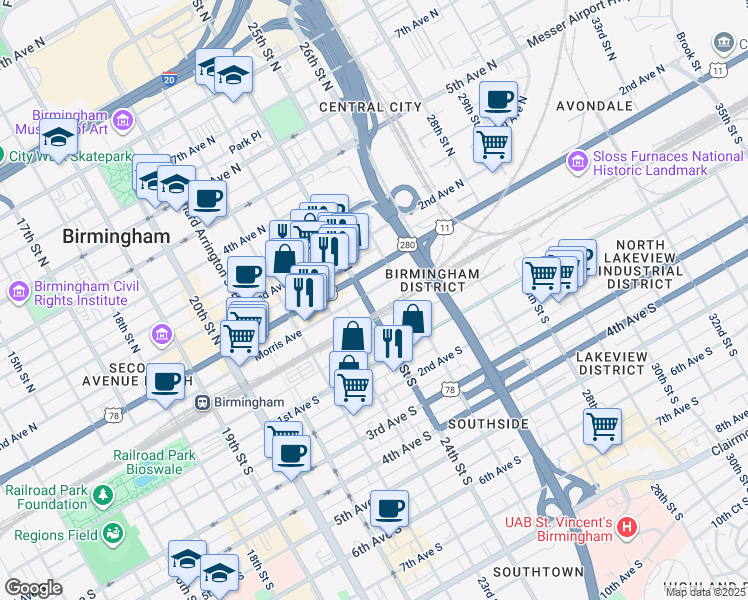 map of restaurants, bars, coffee shops, grocery stores, and more near 2401 Morris Avenue in Birmingham