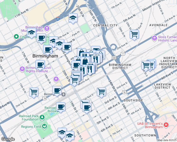 map of restaurants, bars, coffee shops, grocery stores, and more near 2219 1st Avenue North in Birmingham