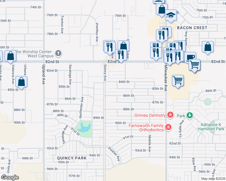 map of restaurants, bars, coffee shops, grocery stores, and more near 6728 86th Street in Lubbock