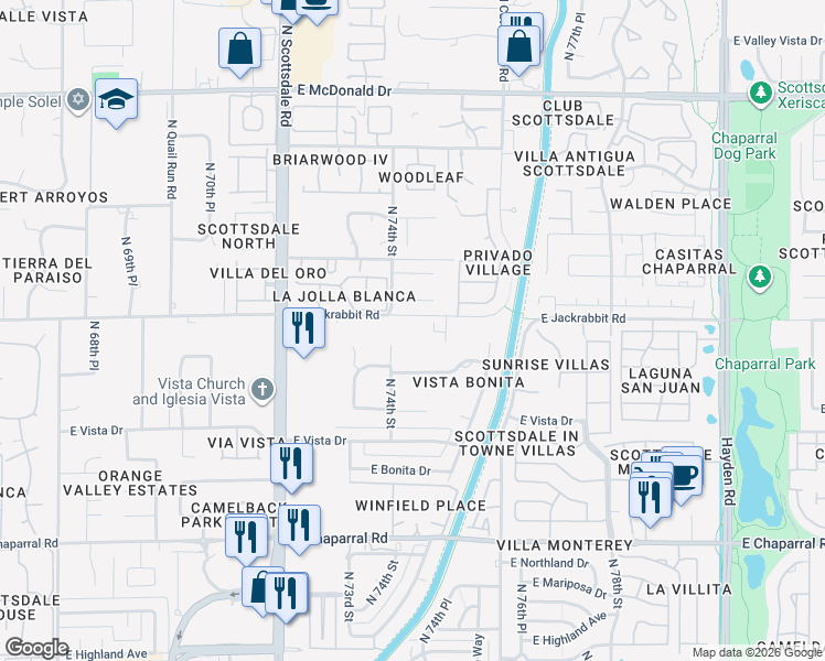 map of restaurants, bars, coffee shops, grocery stores, and more near 7411 East Jackrabbit Road in Scottsdale
