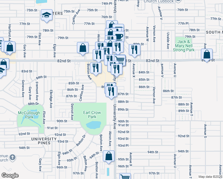 map of restaurants, bars, coffee shops, grocery stores, and more near 8602 University Avenue in Lubbock