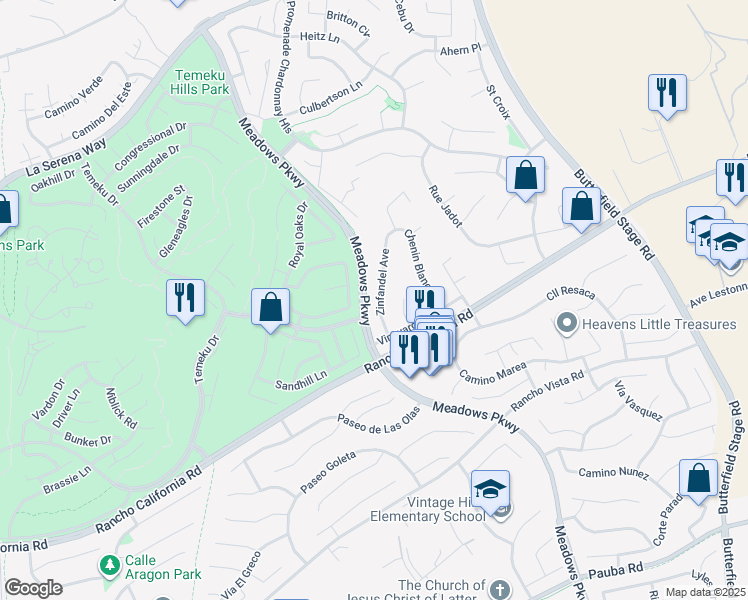 map of restaurants, bars, coffee shops, grocery stores, and more near 41641 Zinfandel Avenue in Temecula