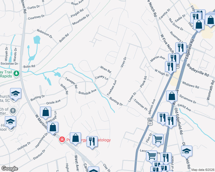 map of restaurants, bars, coffee shops, grocery stores, and more near 2003 Wren Road in North Augusta