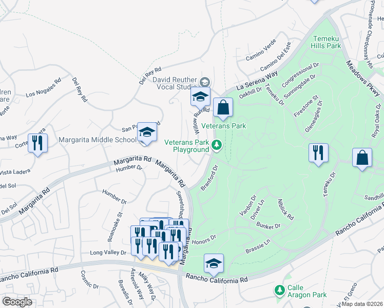 map of restaurants, bars, coffee shops, grocery stores, and more near 41578 Yankee Run Court in Temecula