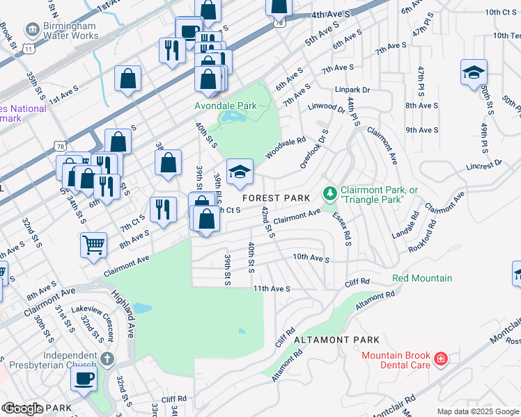 map of restaurants, bars, coffee shops, grocery stores, and more near 4011 8th Court South in Birmingham