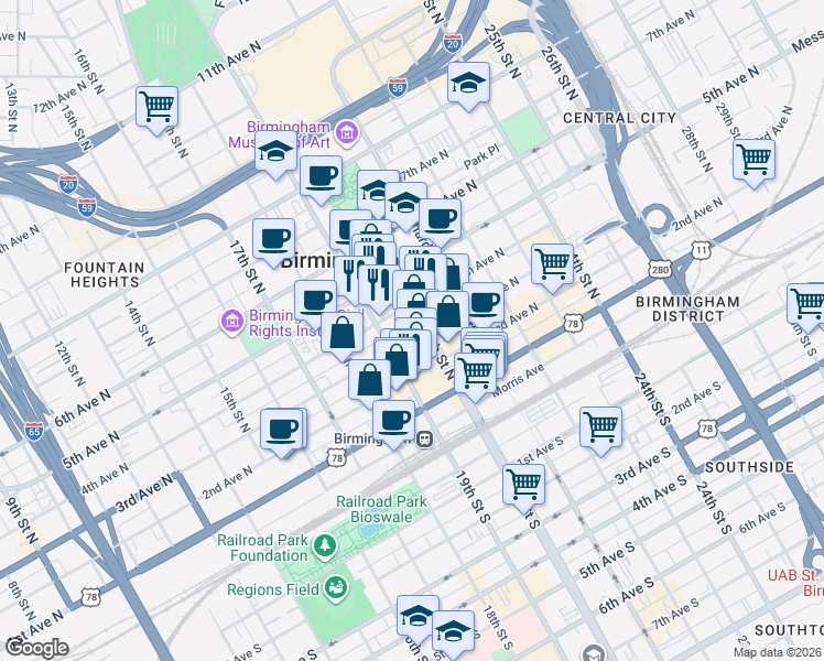 map of restaurants, bars, coffee shops, grocery stores, and more near 1900 3rd Avenue North in Birmingham