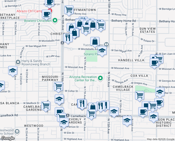 map of restaurants, bars, coffee shops, grocery stores, and more near 1633 West Missouri Avenue in Phoenix