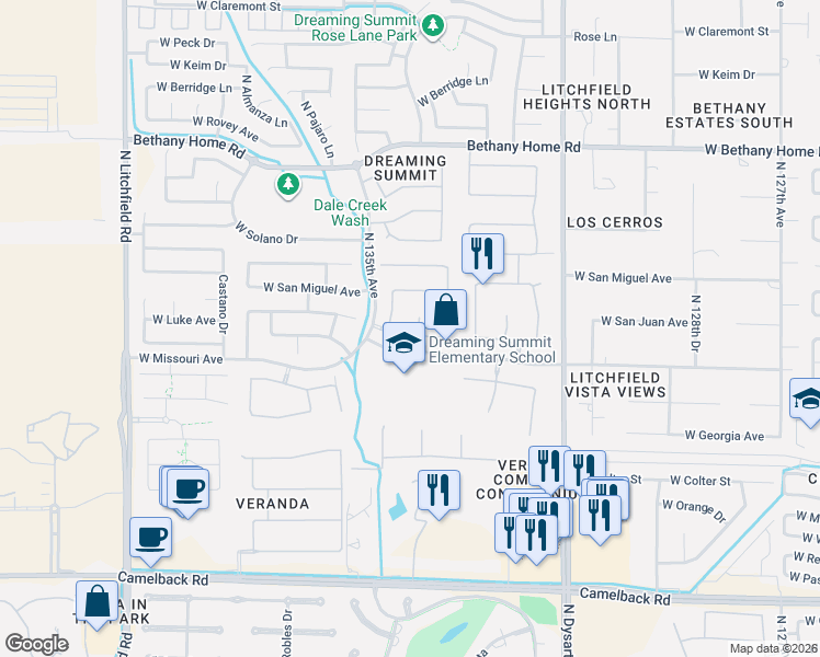 map of restaurants, bars, coffee shops, grocery stores, and more near 13331 West Luke Avenue in Litchfield Park