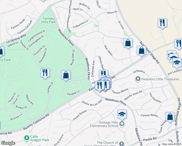 map of restaurants, bars, coffee shops, grocery stores, and more near 41641 Zinfandel Avenue in Temecula