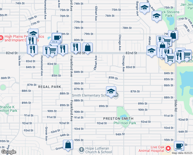 map of restaurants, bars, coffee shops, grocery stores, and more near 5619 85th Street in Lubbock