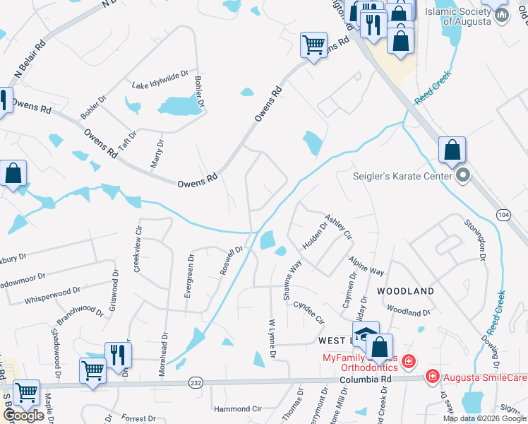 map of restaurants, bars, coffee shops, grocery stores, and more near 259 Ashton Woods Drive in Augusta