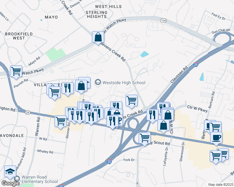 map of restaurants, bars, coffee shops, grocery stores, and more near 1308 Colony Place Drive in Augusta