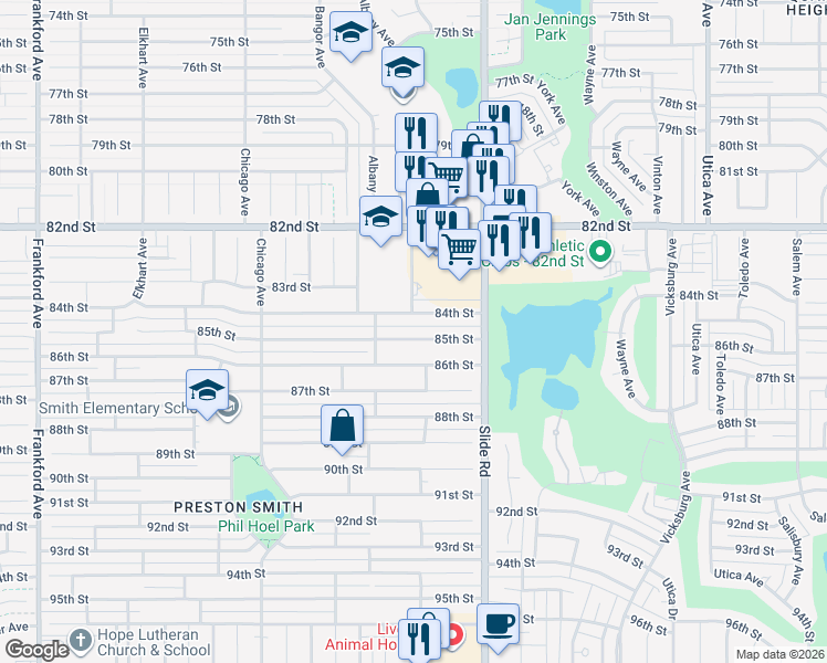 map of restaurants, bars, coffee shops, grocery stores, and more near 5222 85th Street in Lubbock