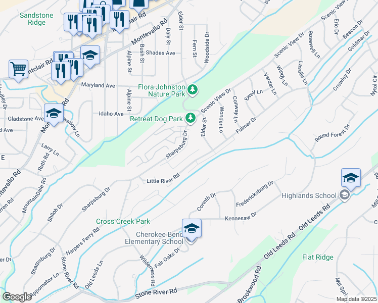 map of restaurants, bars, coffee shops, grocery stores, and more near 2001 Winnsboro Road in Birmingham
