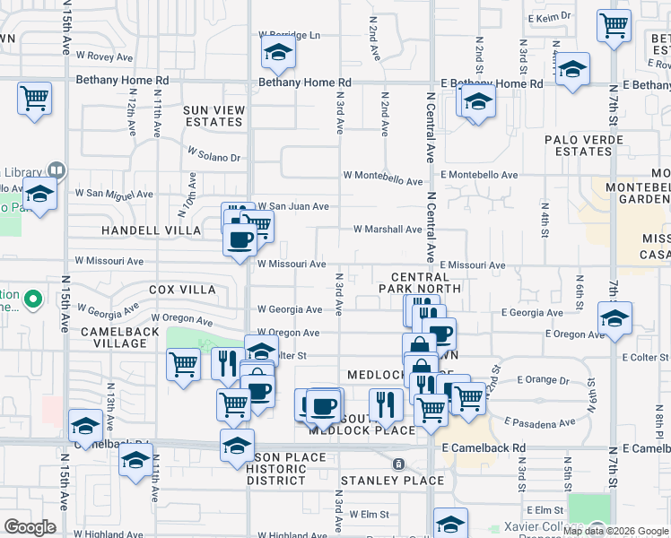 map of restaurants, bars, coffee shops, grocery stores, and more near 5334 North 3rd Avenue in Phoenix