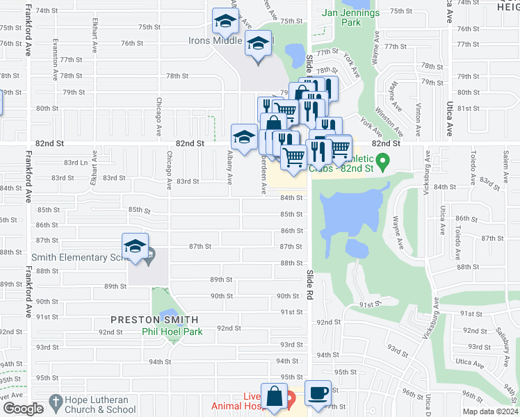 map of restaurants, bars, coffee shops, grocery stores, and more near 5224 85th Street in Lubbock