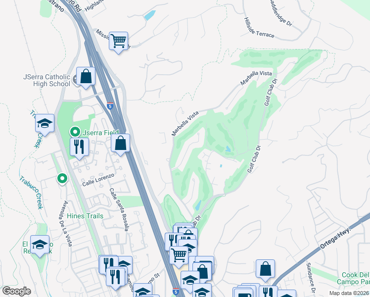 map of restaurants, bars, coffee shops, grocery stores, and more near 30781 Via Conquista in San Juan Capistrano
