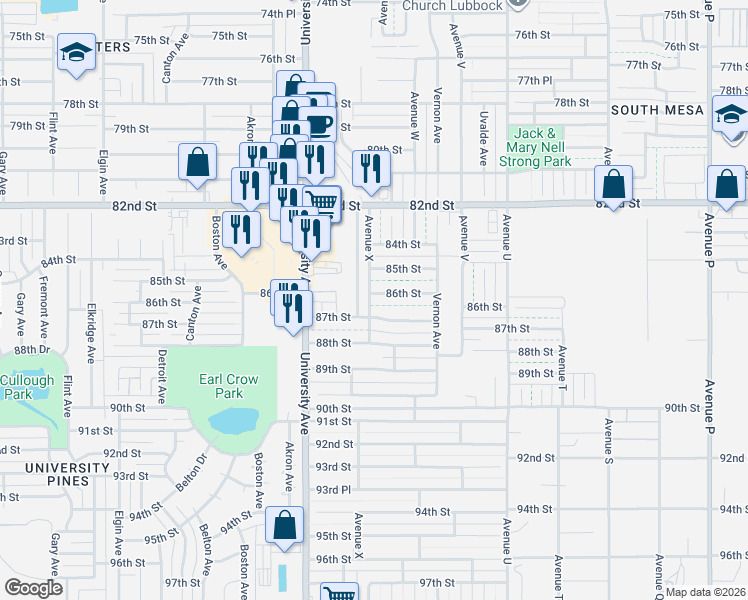 map of restaurants, bars, coffee shops, grocery stores, and more near 8610 Avenue X in Lubbock