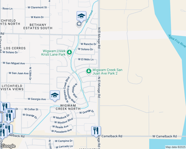 map of restaurants, bars, coffee shops, grocery stores, and more near 12318 West Marshall Avenue in Litchfield Park