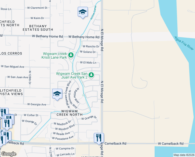 map of restaurants, bars, coffee shops, grocery stores, and more near 12310 West Marshall Avenue in Litchfield Park