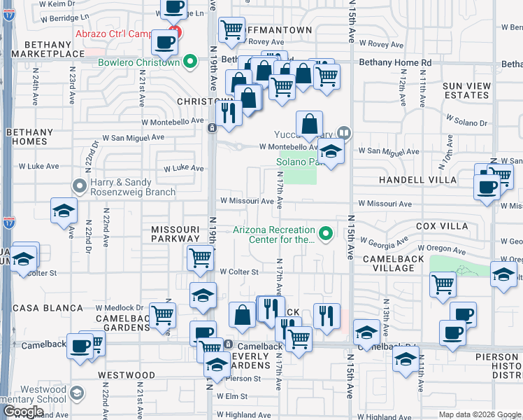 map of restaurants, bars, coffee shops, grocery stores, and more near 1717 West Missouri Avenue in Phoenix