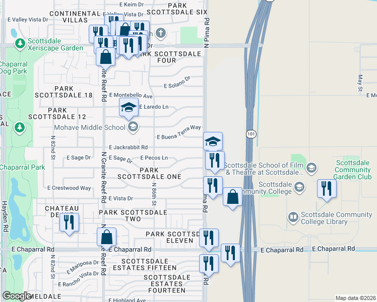map of restaurants, bars, coffee shops, grocery stores, and more near 8738 East Sage Drive in Scottsdale