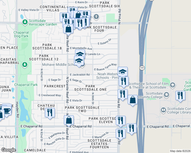 map of restaurants, bars, coffee shops, grocery stores, and more near 8608 East Pecos Lane in Scottsdale