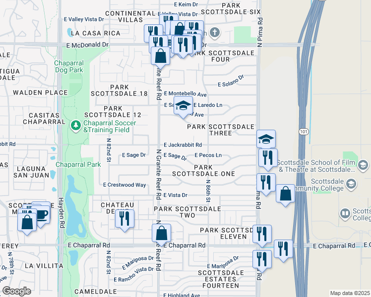 map of restaurants, bars, coffee shops, grocery stores, and more near 8438 East Sage Drive in Scottsdale