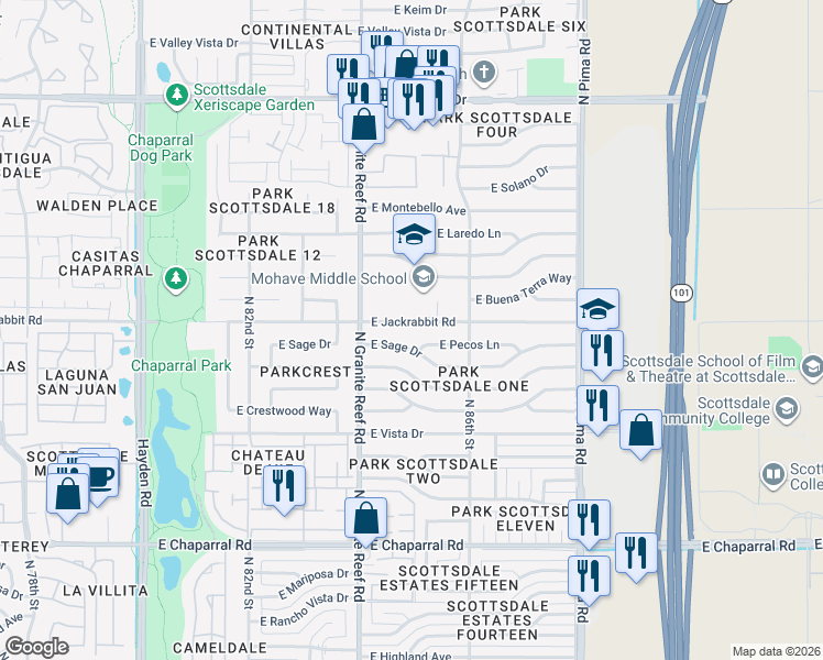 map of restaurants, bars, coffee shops, grocery stores, and more near 8438 East Sage Drive in Scottsdale