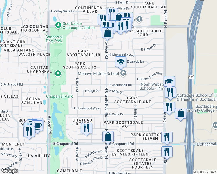map of restaurants, bars, coffee shops, grocery stores, and more near 8402 East Sage Drive in Scottsdale