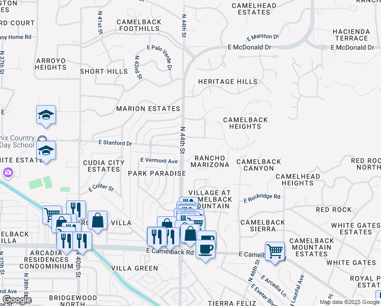map of restaurants, bars, coffee shops, grocery stores, and more near 4419 East Vermont Avenue North in Phoenix