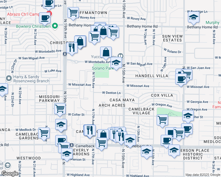 map of restaurants, bars, coffee shops, grocery stores, and more near 1548 West Denton Lane in Phoenix