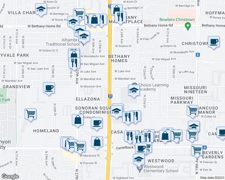 map of restaurants, bars, coffee shops, grocery stores, and more near 5431 North Black Canyon Highway in Phoenix