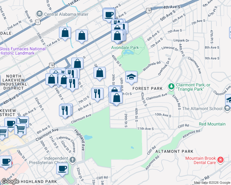 map of restaurants, bars, coffee shops, grocery stores, and more near 3911 8th Court South in Birmingham