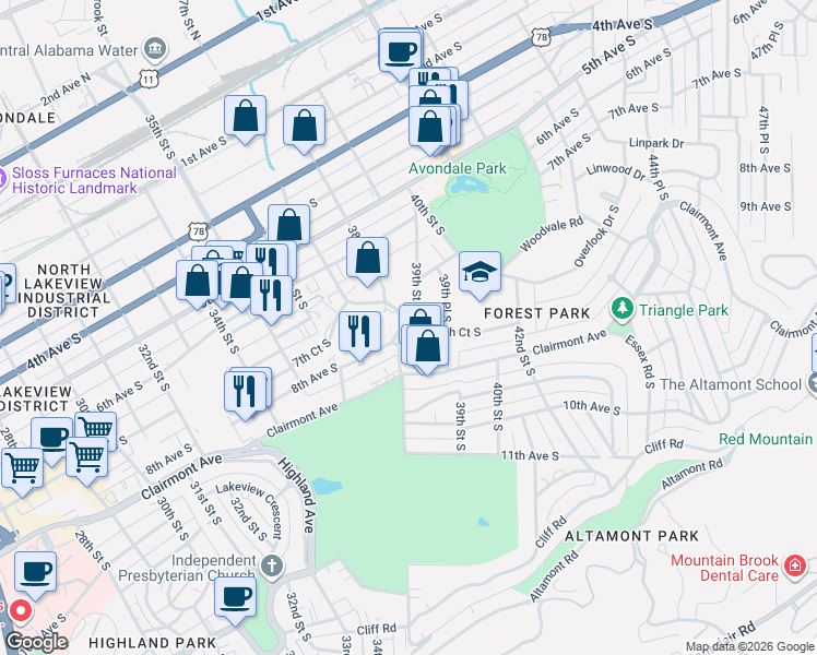 map of restaurants, bars, coffee shops, grocery stores, and more near 3901 8th Avenue South in Birmingham