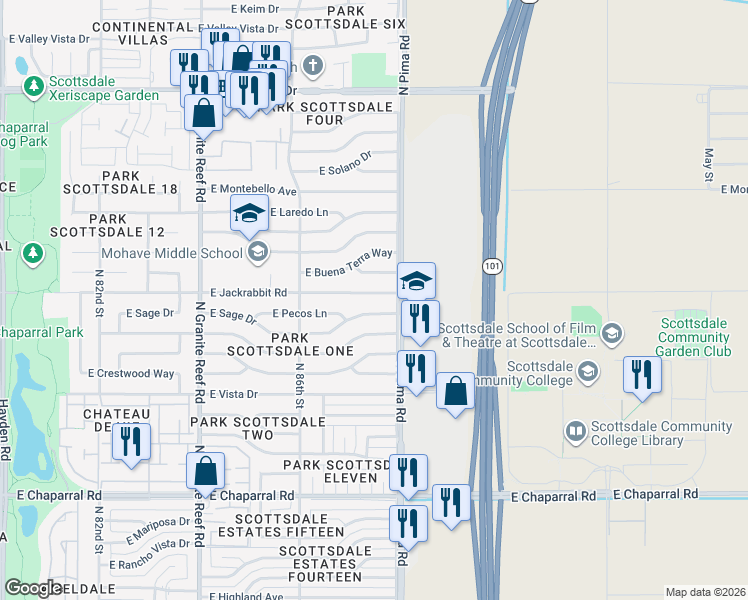 map of restaurants, bars, coffee shops, grocery stores, and more near 8738 East Sage Drive in Scottsdale