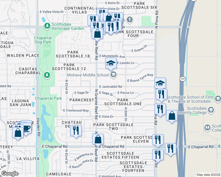 map of restaurants, bars, coffee shops, grocery stores, and more near 8438 East Sage Drive in Scottsdale