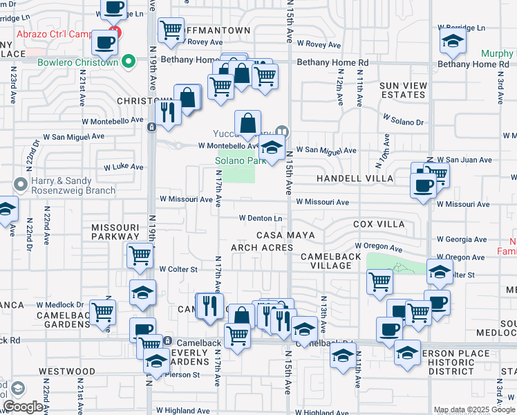 map of restaurants, bars, coffee shops, grocery stores, and more near 1548 West Denton Lane in Phoenix
