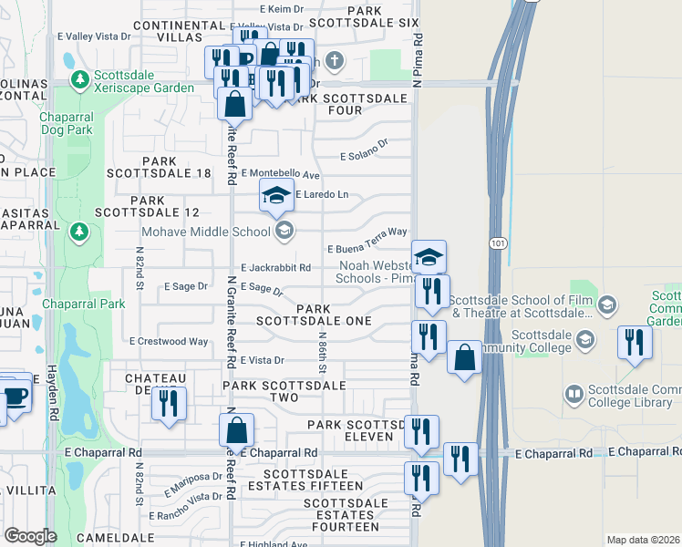 map of restaurants, bars, coffee shops, grocery stores, and more near 8608 East Pecos Lane in Scottsdale