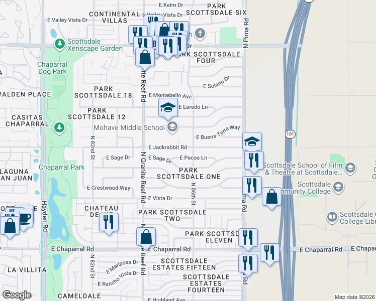 map of restaurants, bars, coffee shops, grocery stores, and more near 8526 East Pecos Lane in Scottsdale