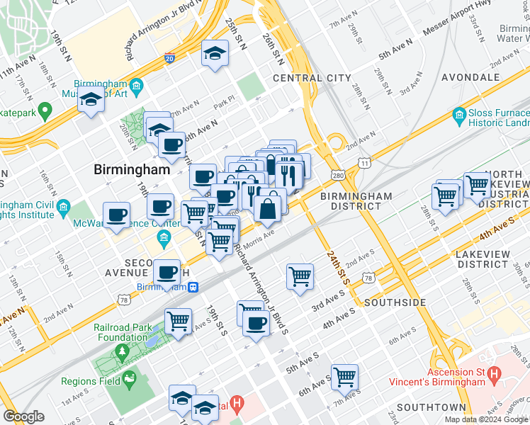 map of restaurants, bars, coffee shops, grocery stores, and more near 2218 1st Avenue North in Birmingham