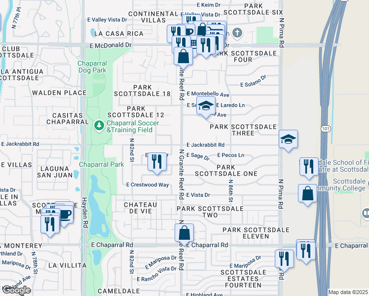 map of restaurants, bars, coffee shops, grocery stores, and more near 8402 East Sage Drive in Scottsdale